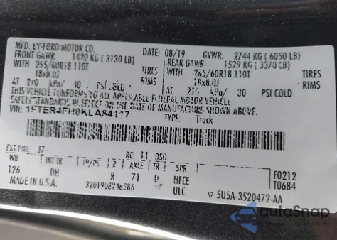 2019 Ford Ranger Lariat из США, поврежденный, VIN 1FTER4FH8KLA84117